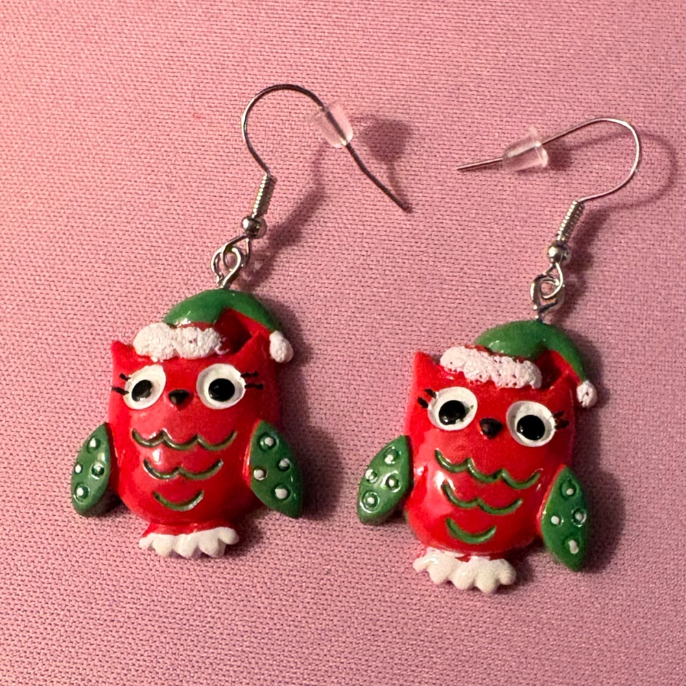 Hand Painted Red and Green Owl Earrings